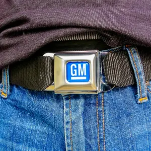 Blue GM Seatbelt Belt - 1.5 Inch Wide, Adjustable 30-44 Inches, Authentic Automotive Style Buckle, Fashionable & Functional