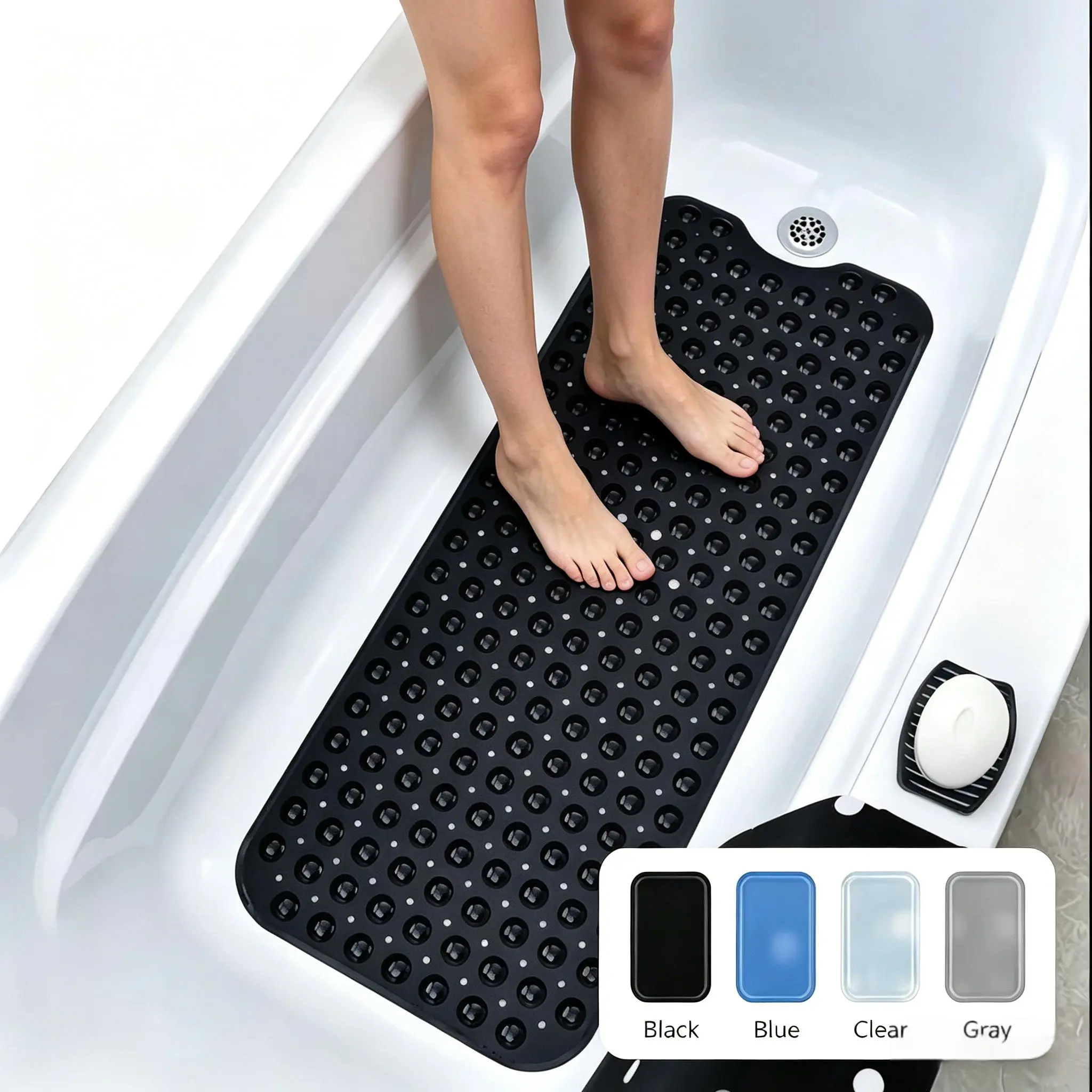 Bathroom Essentials Mat 40x16 Inch,Non Slip Mat With Strong Suction Cups,Large Machine Washable Shower Rug,Drain Holes Keep Tub Clean,Waterproof Mold Resistant Rubber PVC Mat,Blue Black Transparent Light Gray,Bathroom Supplies,Holiday Gift For Family