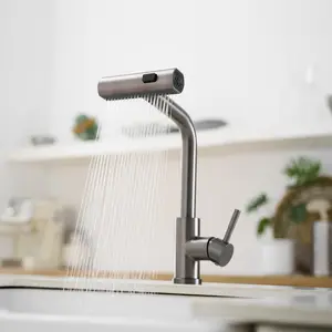 360° Rotation Pull-Down Kitchen Faucet with 3 Spray Modes, Stainless Steel High-Arc Single Handle Sink Faucet, Available in Brushed Nickel & Gun Grey Finishes
