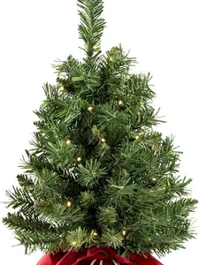212 MAIN 24-In Majestic Spruce Wood Desktop Christmas Tree, Pre-Strung with 35 Glowing Warm Toned LED Christmas Lights, Desktop Ornament, Decoration, Stored in Burgundy Cloth Bag, Home Decor Accent