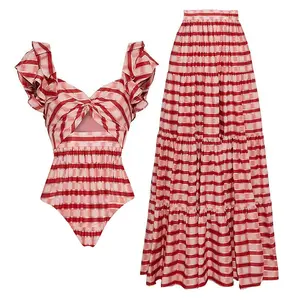 FLAXMAKER Women's Red Striped Printed Ruffle Sleeve V Neck Cut Out One Piece Swimsuit and Skirt Set Beachwear Swimdress Bathing Suit Tummy Control Swimsuit Vacation Clothing Swimwear Bathing Suit Stylish Beachwear #TikTokShopBlackFriday