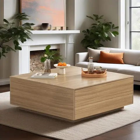 Midcentury Modern Square Wood Coffee Table - 43" l x 43"/47" in Sizes, 2 Drawers, Living Room Tables, Clean Design, Assembly Required, Large Center Indoor Furniture for Home Decor