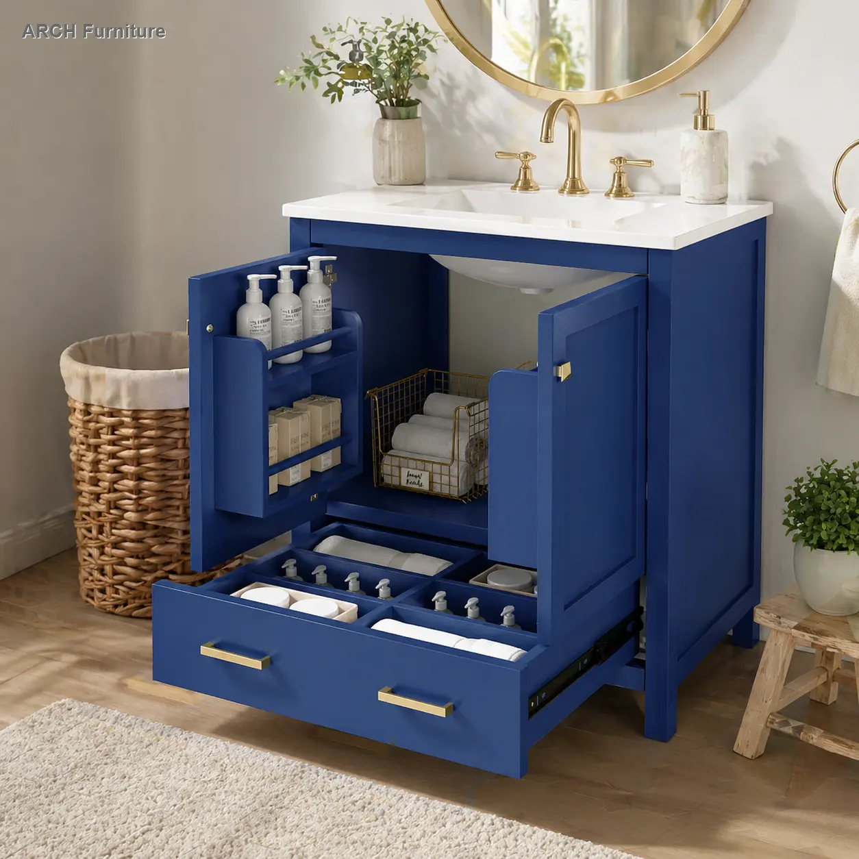 30" Blue Free-Standing Arch Bathroom Wood Floor Cabinet - Single Rectangular Undermount Sink Combo, 2 Doors, 1 Drawer, Soft-Closing Hinges, Built-In Shelf, Drawer-Equipped, Compartmentalized Storage Floor Cabinet, Drawer-Equipped Floor Cabinets, Compartme