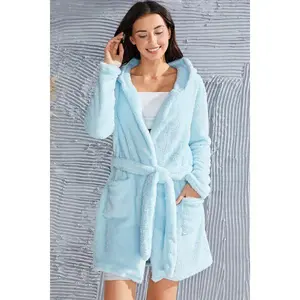 Fuzzy Tied Pocketed Hooded Lounge Nightgown