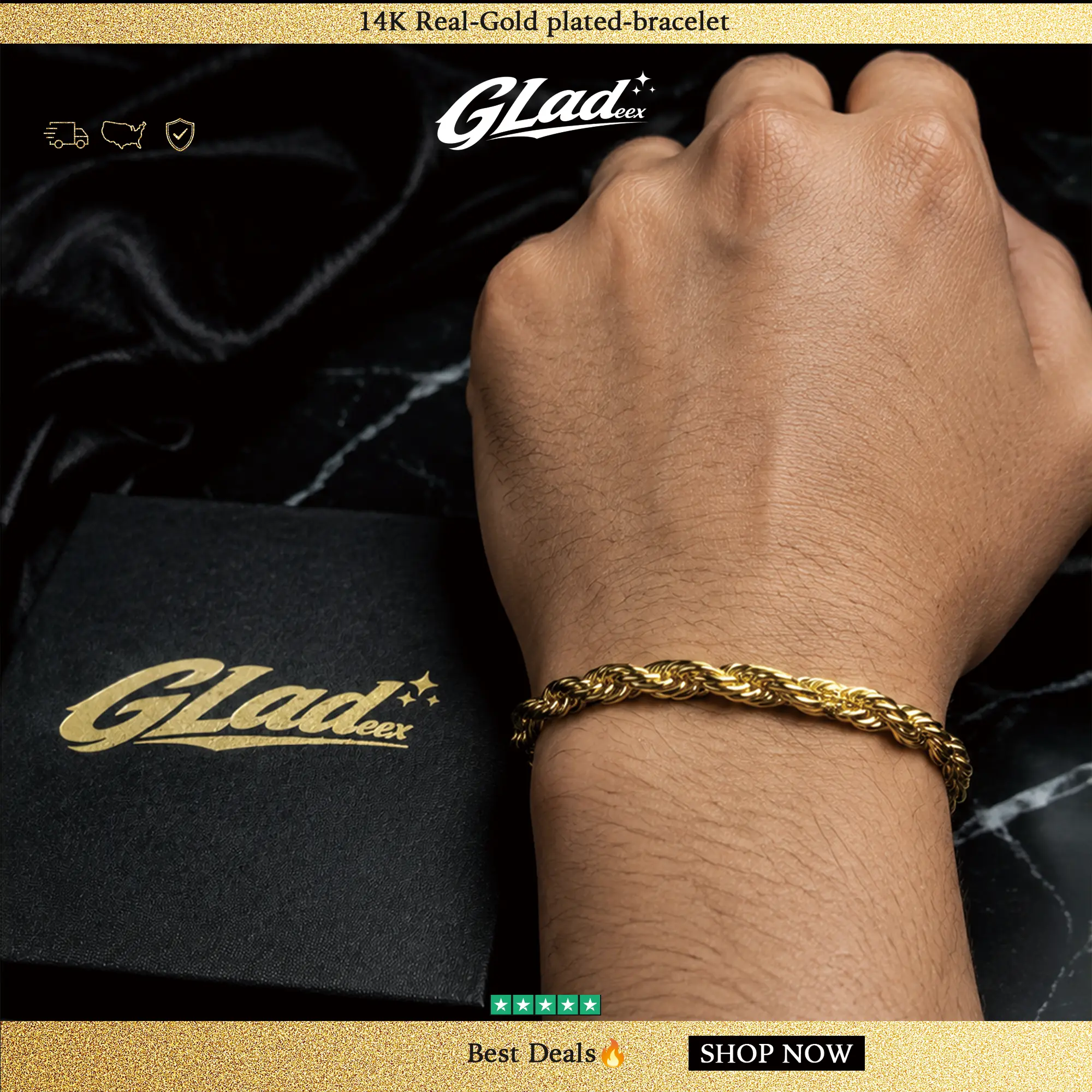 Gladeex Men’s 14K Gold Plated Diamond Cut Rope Chain Necklace & Bracelet, Twisted Gold Jewelry for Men, Hip Hop Chain & Bracelet Set