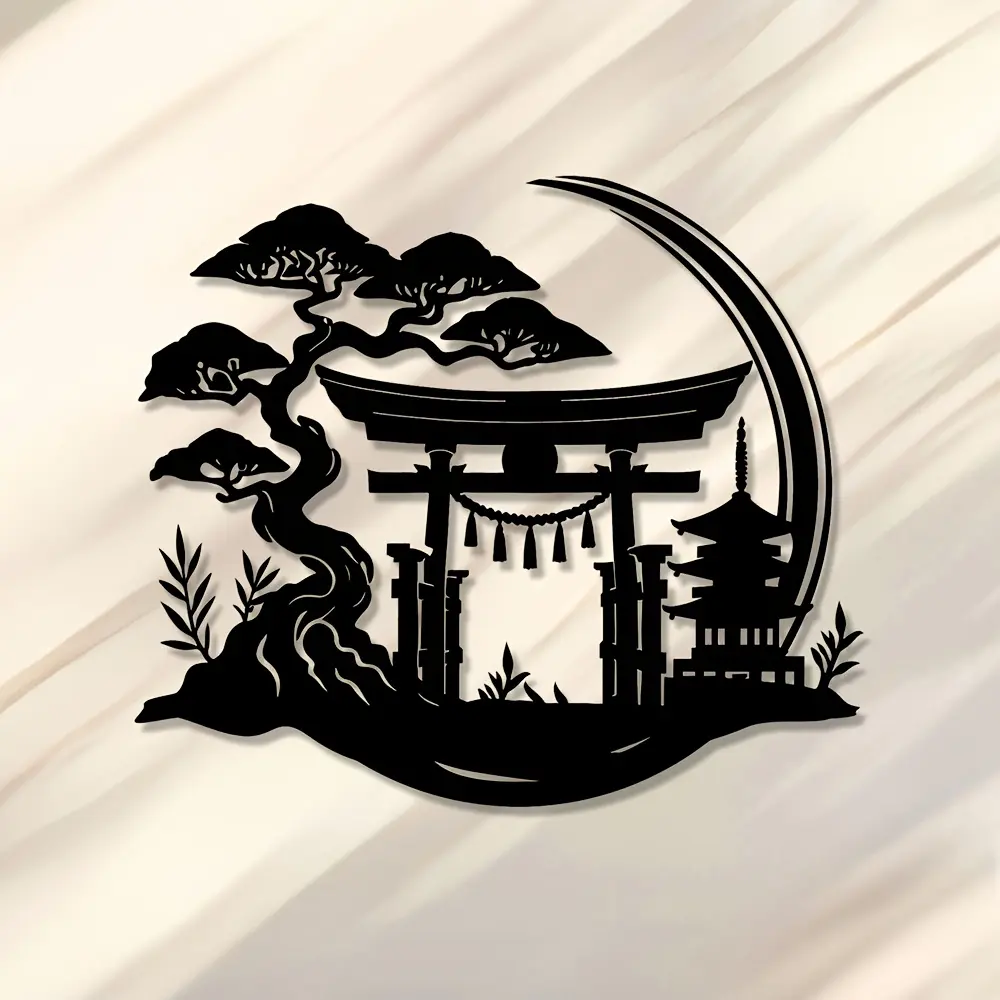 1 piece of Japanese Zen metal wall art with pine and moon design, black iron home decoration, Artistic, modern home decoration, suitable for living room, bedroom, dining area, 11.81 x 11.81 inches, room decoration