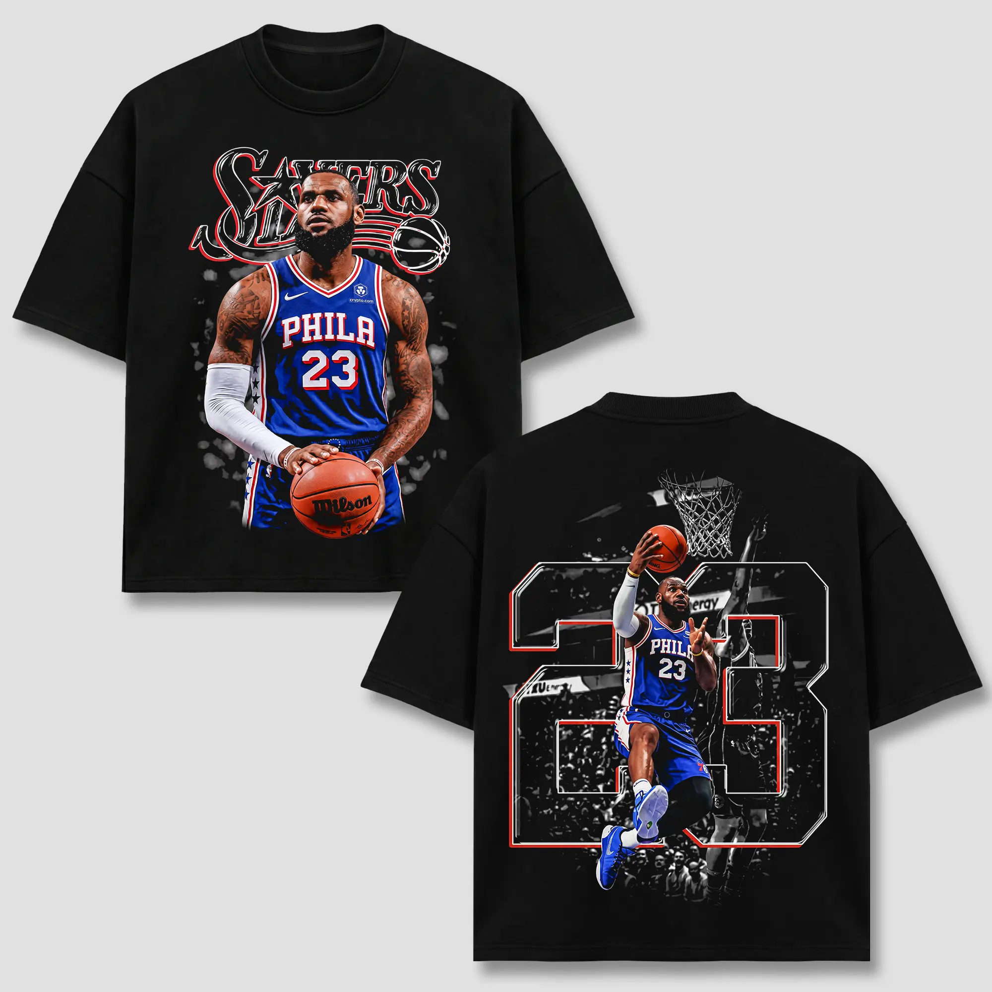 LeBron James #23 T-Shirt, PHI Basketball Sixers Tee, PHI Number 23 Slam Merch, Dunk Action Back Print Graphic Apparel, Basketball Retro 90s Bootleg Sports Wear, Basketball Fan Heritage Gift, Men Women Heavyweight Oversized Black Clothing