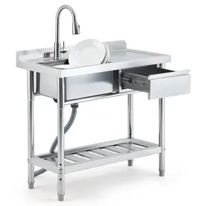 【GARVEE】Multifunctional Utility Sink Basin, 39" Standing Steel Bowl, Built-in Workbench Storage, Suitable for Indoor Outdoor Daily Washing Use