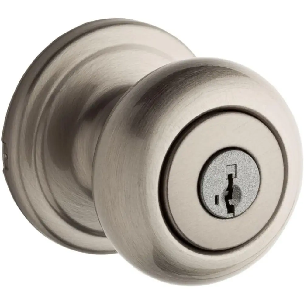 Satin Nickel Door Knob with Lock and Key - Adjustable Backset, Pick-Resistant SmartKey Security, Microban Protection, Durable Transitional Design for Exterior Doors & Front Entrance, 2 Keys