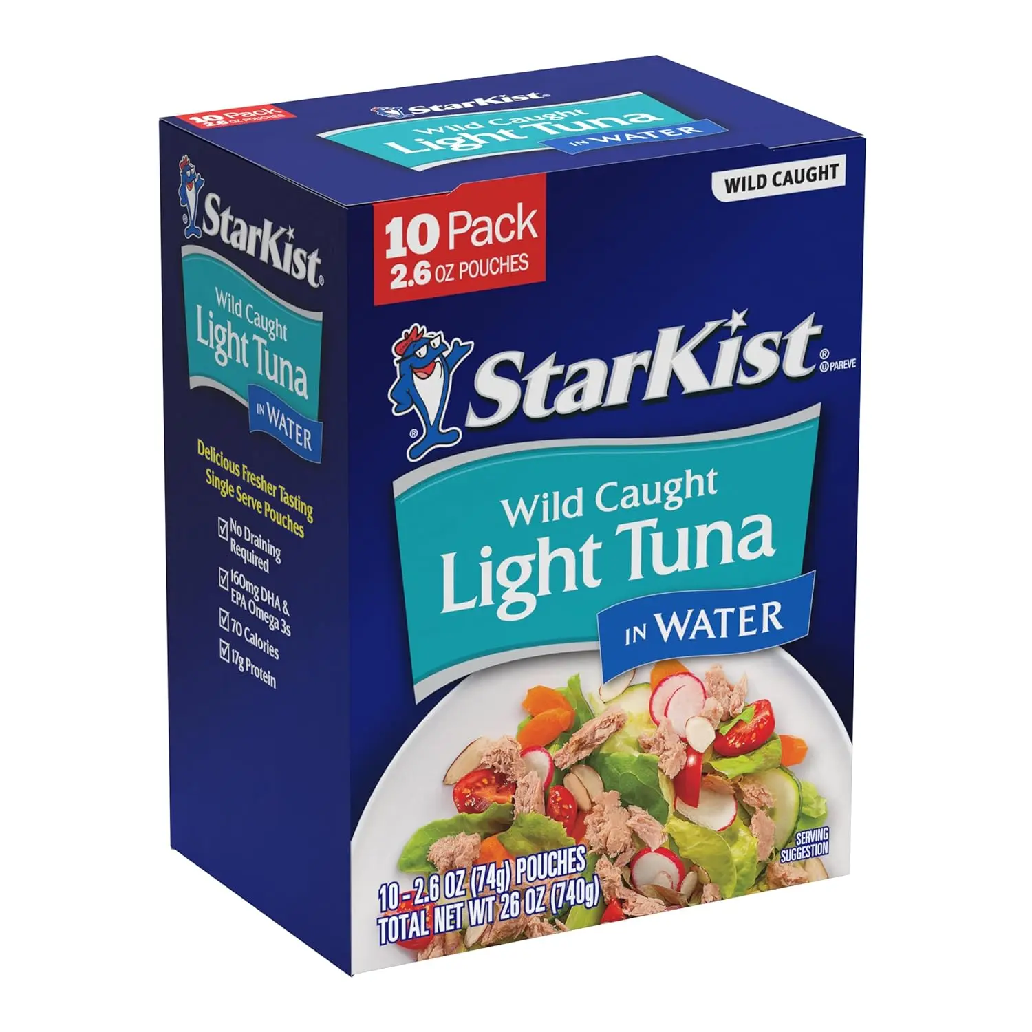 StarKist Chunk Light Tuna in Water, 2.6 oz Pouch (10 Pack) Ready to Eat Wild Caught Tuna, 17g Protein, 70 Calories Per Serving, Gluten Free, Soy Kosher, Perfect for Salads, Keto Meals and Snacks Natural Salt