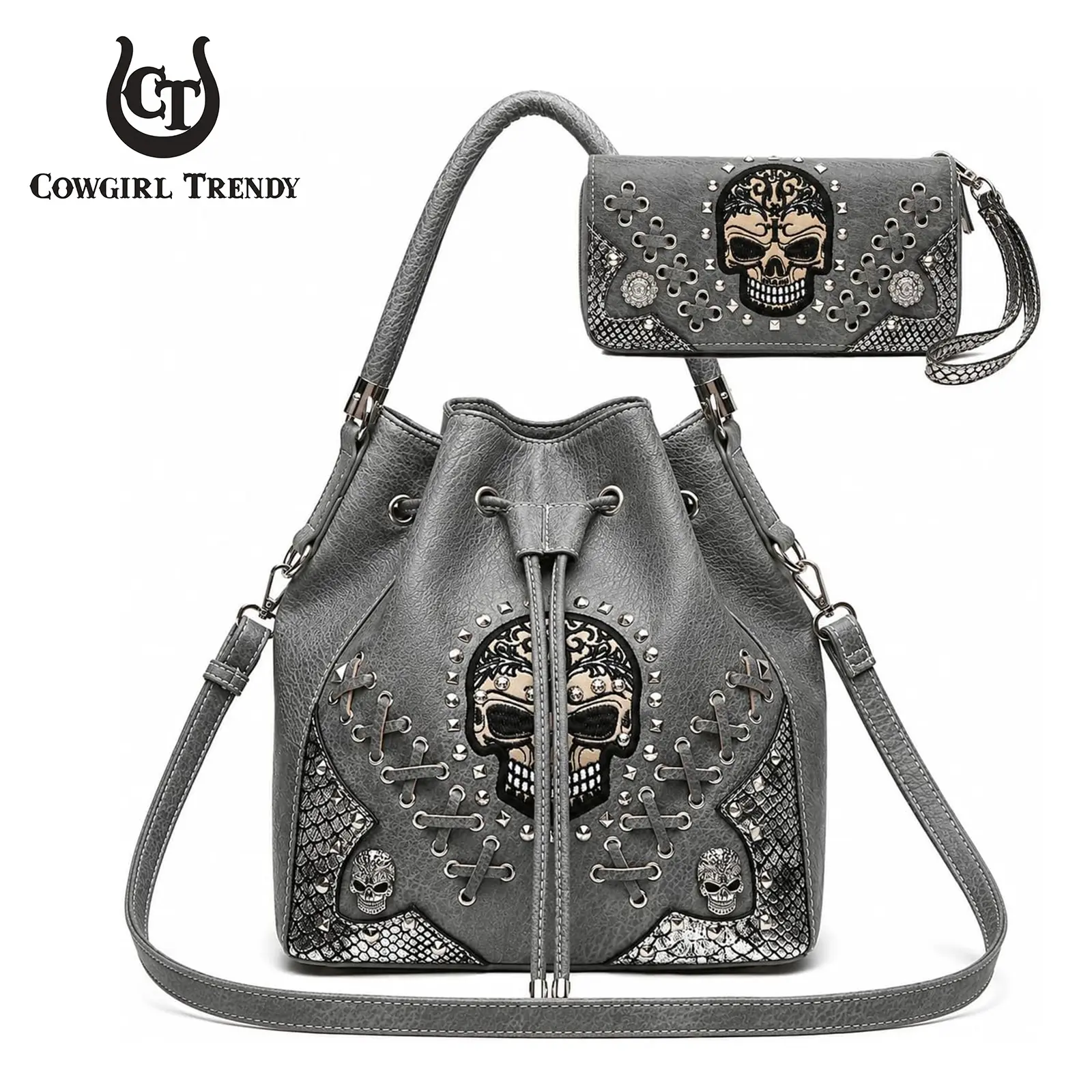 Cowgirl Trendy Western Skull Bucket Bag & Wallet 2-Piece Set, Gothic Biker Drawstring Crossbody Purse for Women, Edgy Studded Shoulder Bag with Embroidery & Lace-up Corset Design, Spacious Everyday Handbag, Stand Out Everyday Style