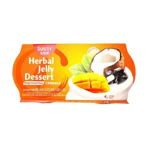 Sunity Herbal Jelly with Coconut & Mango – 2 Cups (7.76oz Each) | Tropical Fruity Grass Jelly Dessert