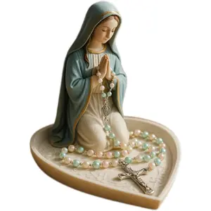 Virgin Mary Rosary Holder - Pure White Catholic Rosary Box with Cross Design & Hand Heart Symbolism for Home Altar & Personal Devotion Elegant Sculpture for Home Decor - Gift