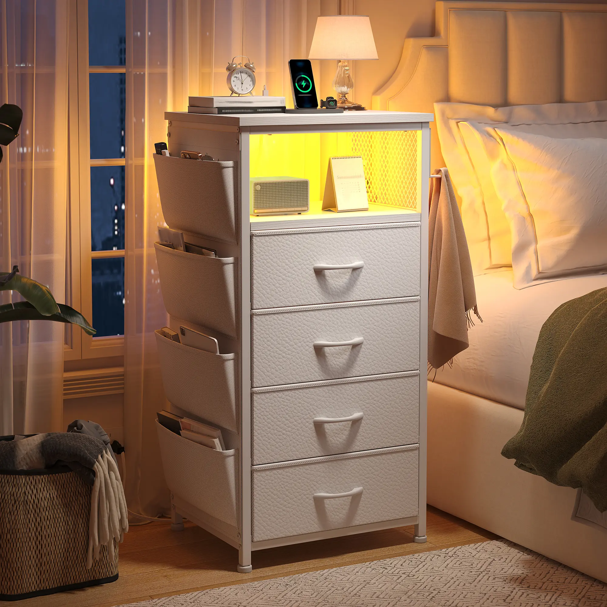[with Free Gifts] Raybee Tall Nightstand with LED Lights & Charging Station, Narrow  Dresser with 4 Drawers & Side Pockets & Hanging Hooks, Tall Storage Tower End Side Table for Living Room, Dorms, Apartment, Entryway, Bedside Organizer Hub, Printer Stand
