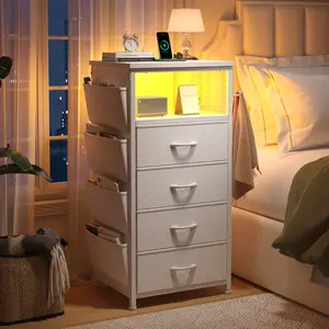 [with Free Gifts] Raybee Tall Nightstand with LED Lights & Charging Station, Narrow  Dresser with 4 Drawers & Side Pockets & Hanging Hooks, Tall Storage Tower End Side Table for Living Room, Dorms, Apartment, Entryway, Bedside Organizer Hub, Printer Stand