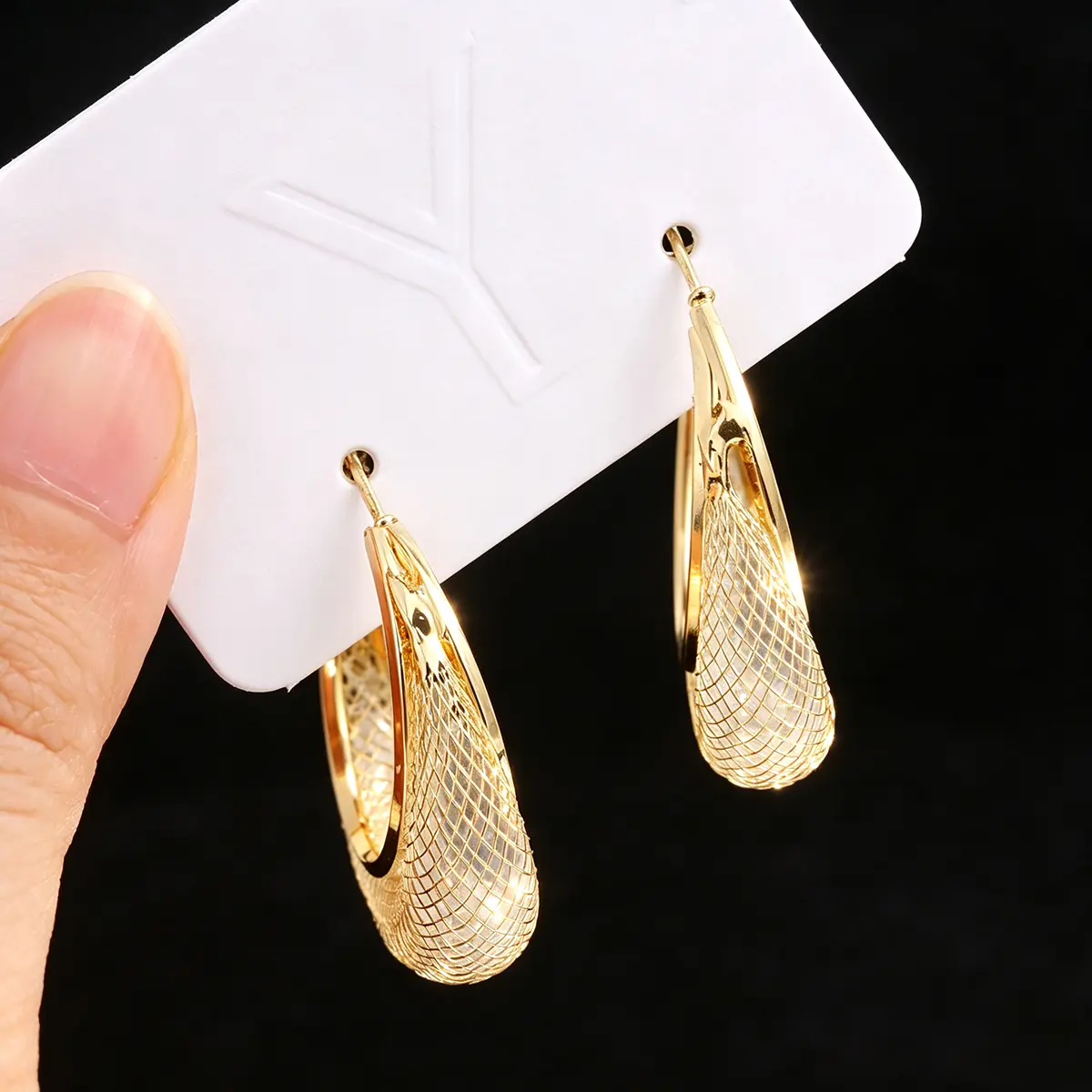 1 Pair Golden Exaggerate Shiny Mesh Hoop Earrings Jewelry Rhinestones Elegant For Women Party Earrings