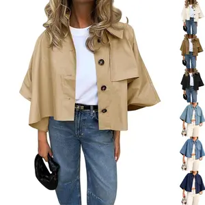 FMEYOA Womens Oversized Cropped Trench Coats Single Breasted 3/4 Cape Sleeve Trendy Casual Jackets Button up Outerwear