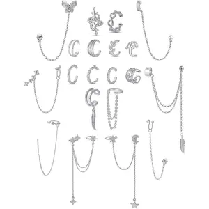 Ofeiyaa 20Pcs Ear Cuff Earrings Clips On Helix Cartilage Dangle Chain Wrap Cuff Earrings for Women Girls Silver Gold Tone Adjustable