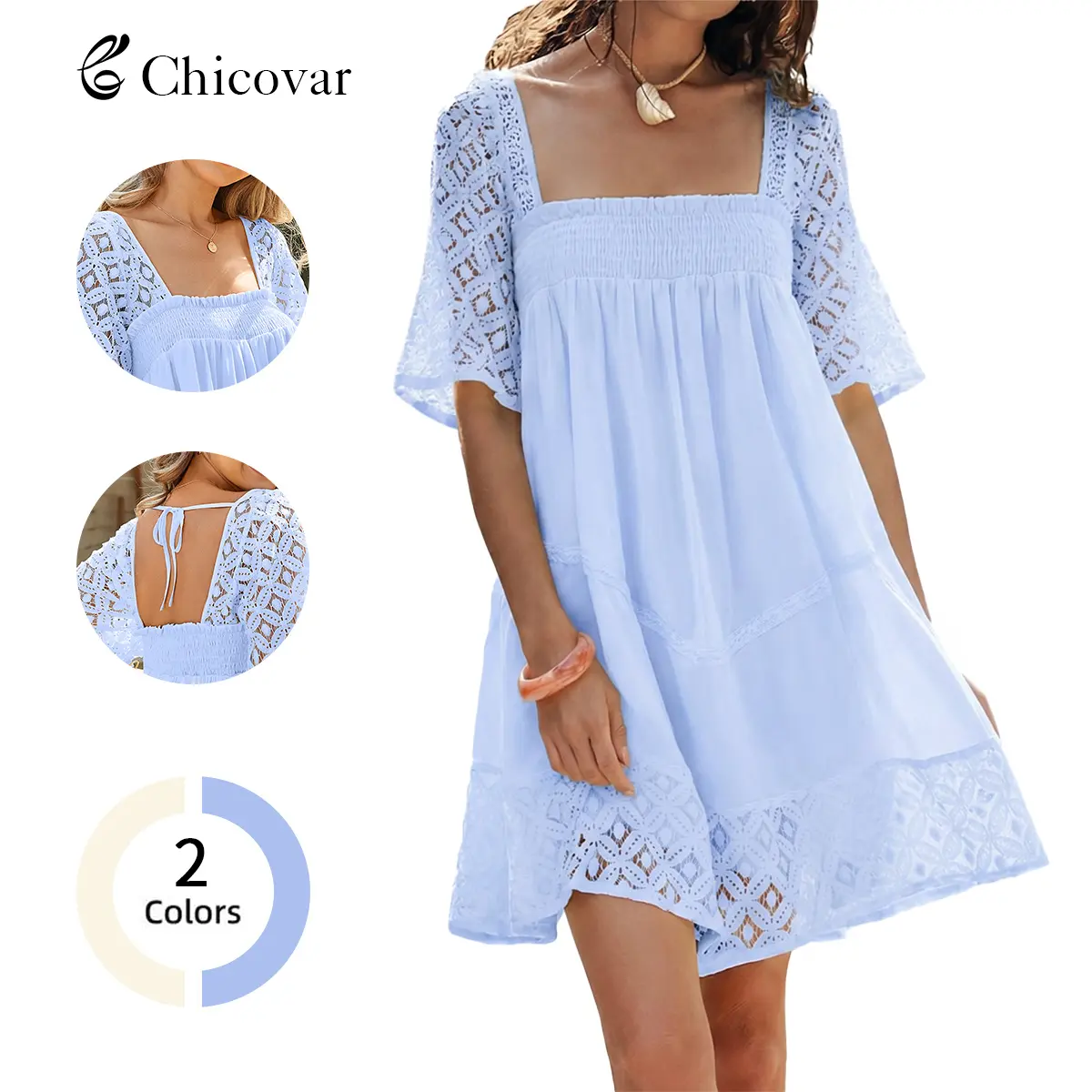 Chicovar Women's Boho Summer Babydoll Dress(Can be Worn as a Tunic Top)Square Neck Short Sleeve Hollow Out Lace Ruffle Beach Vacation Mini Dress Flowy A-Line Casual Sundress with Lining Not See Through, Summervibes
