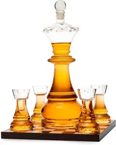 Chess Decanter Set - Wine and Whiskey Decanter with 4 Rook Shot Glasses and Elegant Queen Decanter