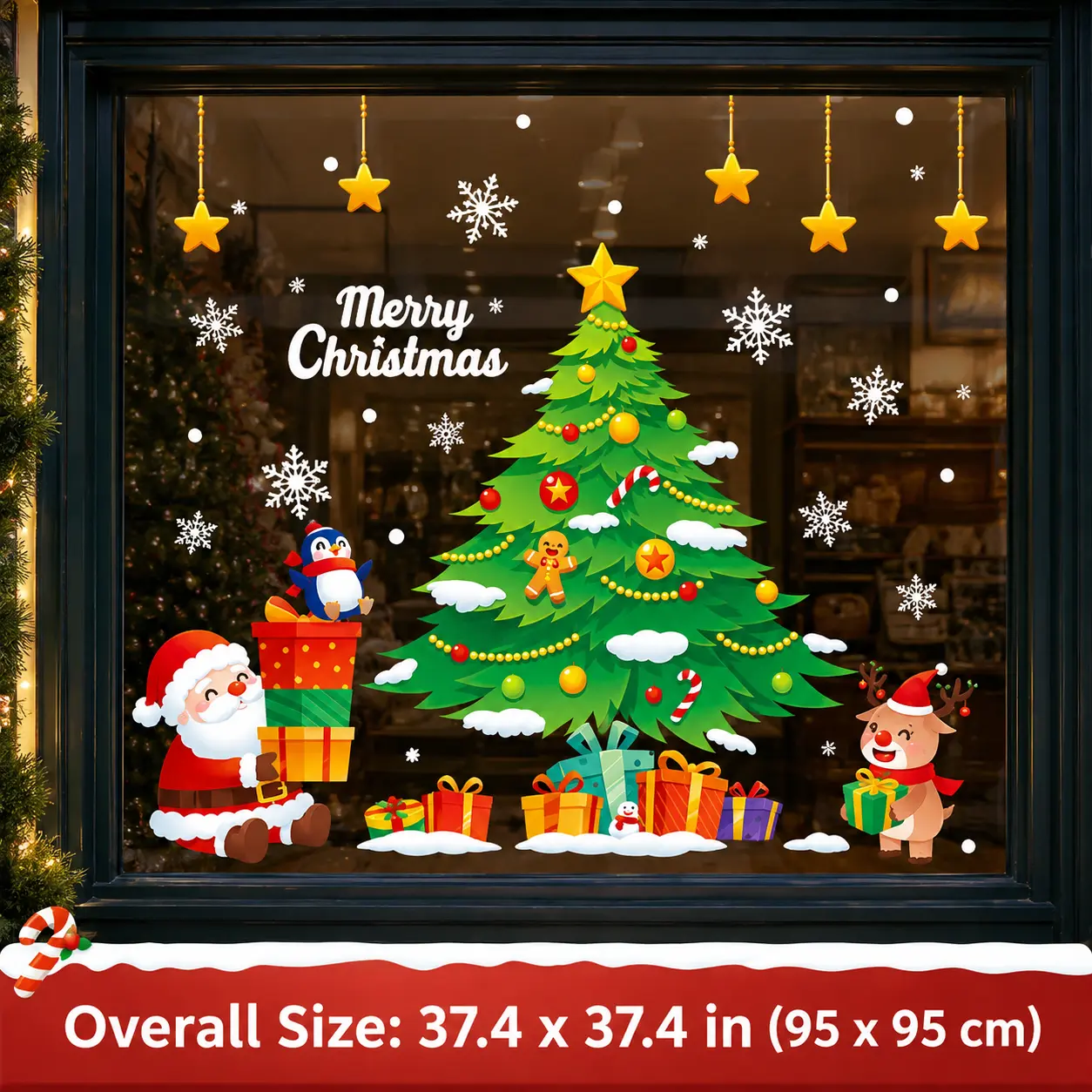 Christmas Window Clings for Glass, Santa Claus Christmas Tree Snowflake Window Stickers, Reindeer Snowman Xmas Decals for Home Door Holiday Decor