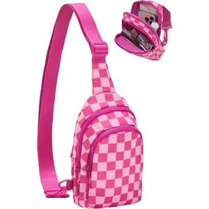 Checkered Sling Bag for Women, Water Resistant Nylon Crossbody Chest Bags with Adjustable Shoulder Strap for Travel Hiking,Rose RedCheckered Sling Bag Small Backpack Lightweight Crossbody Chest Bag Purse casual shopping bag Quilted Fanny Pack