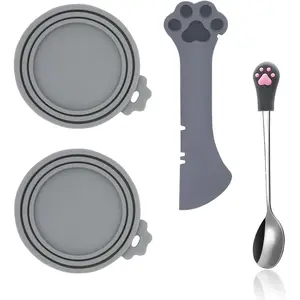 4 pcs Grey Cat Feeding Set Cat Food Can Spoons & Can Lids Multi-Function Can Opener | Silicone Pet Food Can Covers | Stainless Steel Wet Food Spoon for Cats and Dogs Beauty & Personal Care
