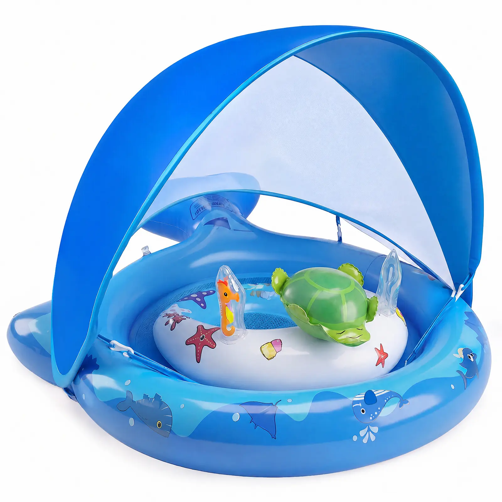 Inflatable Baby Pool Float with UPF50+ Sun Protection Canopy & Anti-Tip Safety Seat - Durable, Easy to Inflate, Includes Air Pump, Sprinkler Play Mat, Stackable Rings for Hand-Eye Coordination, Portable for 6-36 Months Kids (Blue) summer outdoor toy, Lake