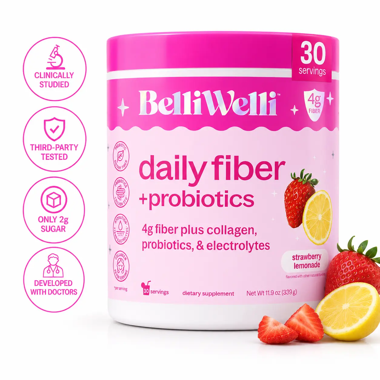 BelliWelli Daily Fiber + Probiotics - Strawberry Lemonade - 30 day BelliWelli Daily Fiber + Probiotics - Strawberry Lemonade - 30 day