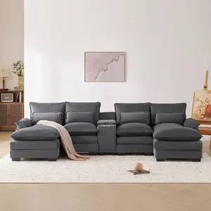123*55" Modern U-shaped Sofa with Console, Cupholders and USB Ports, 6-seat Upholstered Symmetrical Indoor Furniture, Sleeper Couch Set with Chaise for Living Room, Apartment