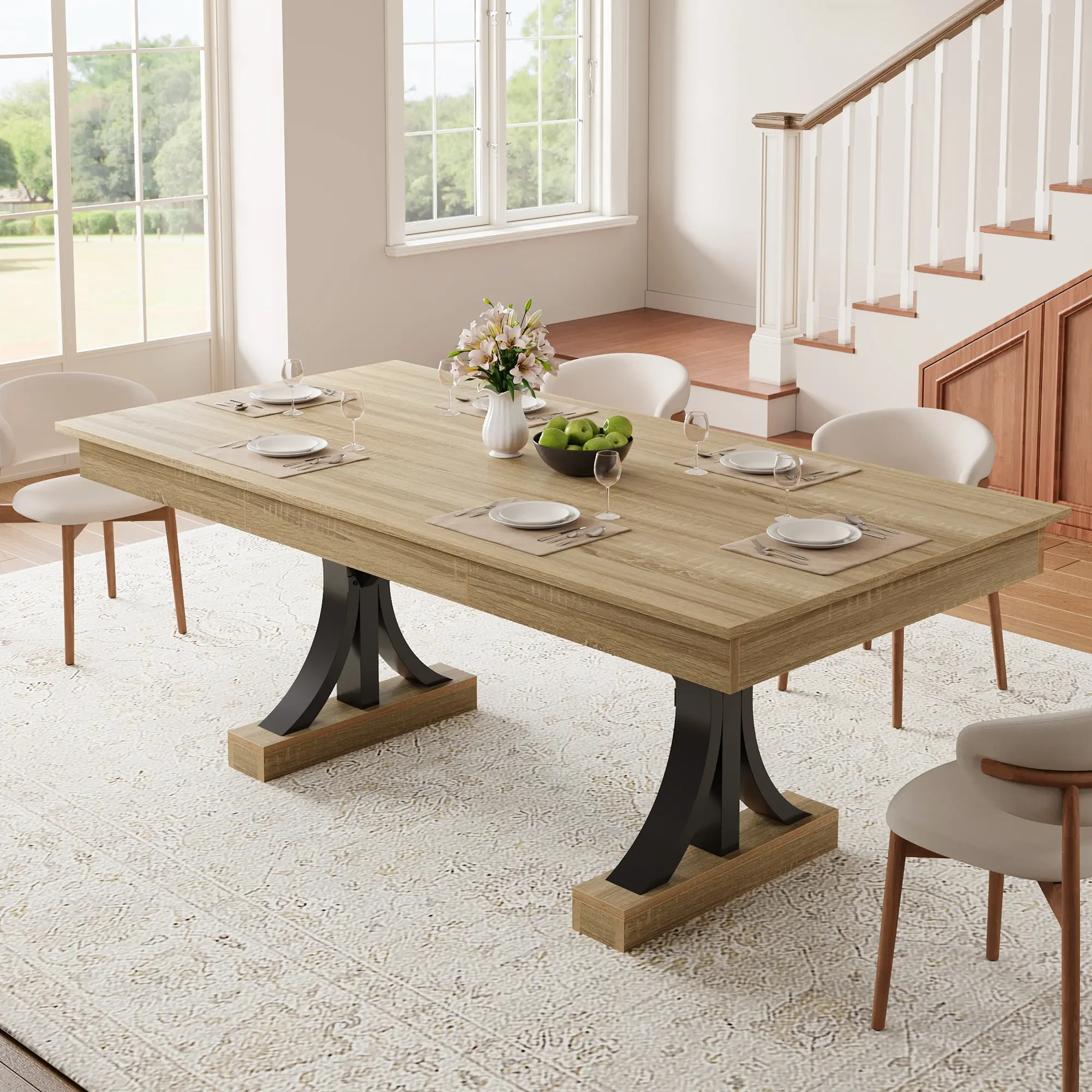 71-Inch Dining Table for 6-8 People,Wooden Kitchen Table with 2 Drawers,Rectangular Farmhouse Dinner Table with Double Pedestal for Kitchen Living Room