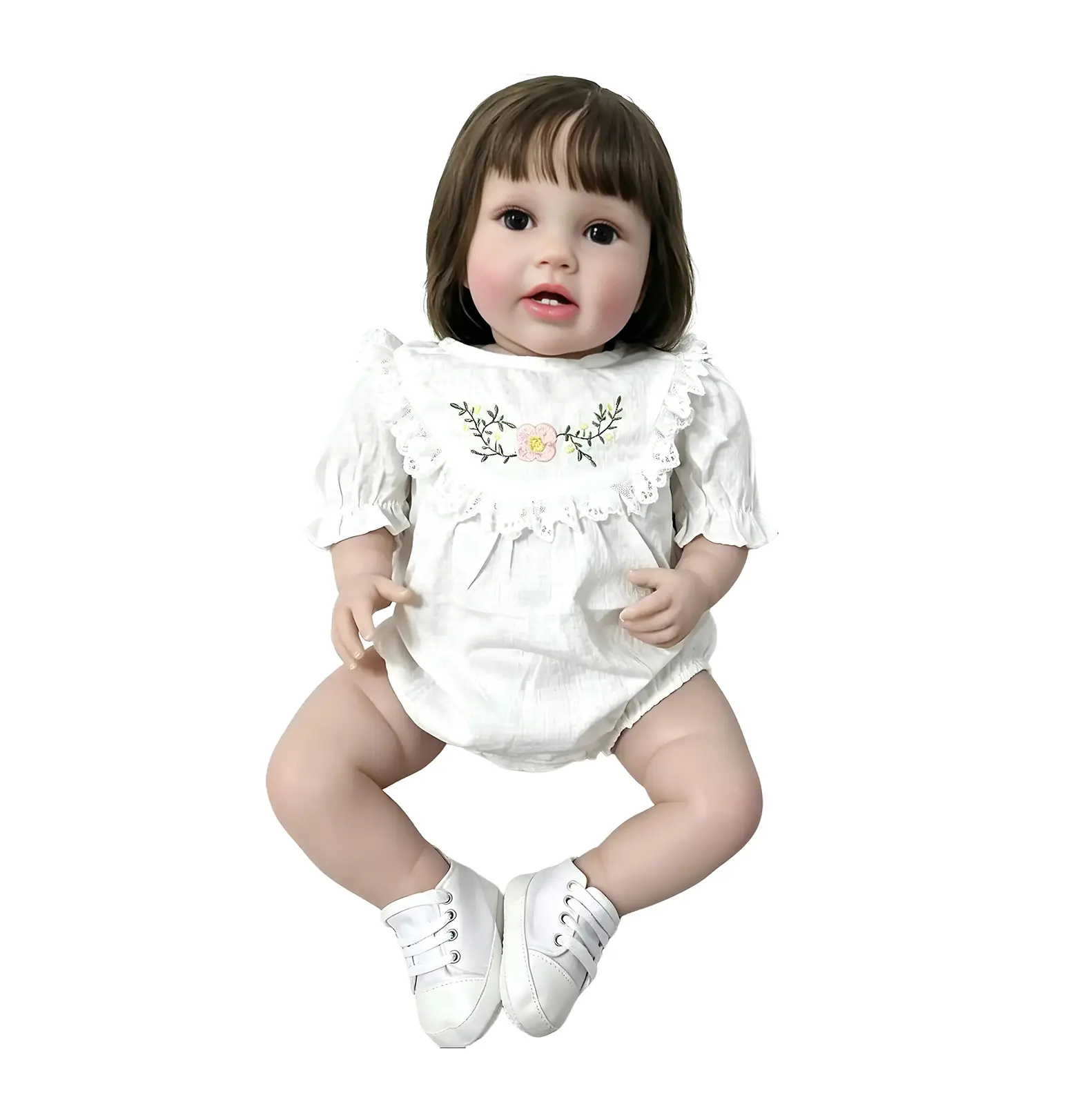 24-Inch Reborn Baby Doll - Cloth Body, Vinyl Limbs & Head, Lifelike Newborn Doll with White Lace Embroidered Romper, Play Companion Toy for Kids Age 3+