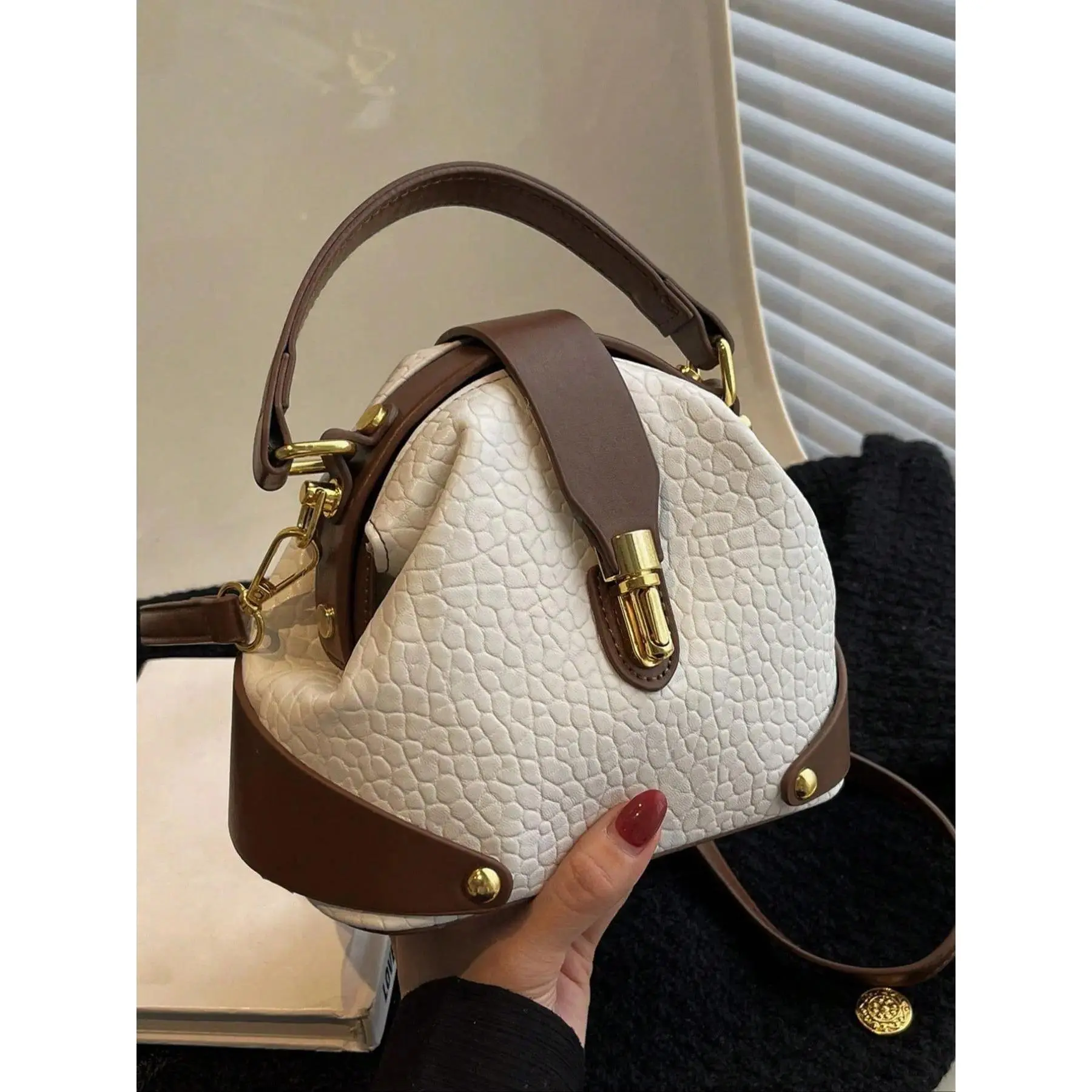 Women's Italian Elegant Colorblock Premium PU Leather Crossbody Shoulder Bag with Adjustable Shoulder Strap, Plain Tencel-Lined Odor Control Classic Versatile Commuter Purse for Daily Work & Casual Use