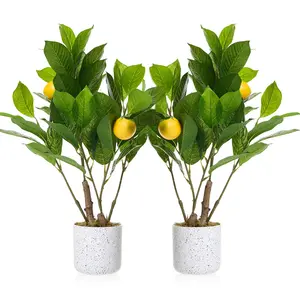 2 Pack Lemon Branch Fake Plants, 19.7" Artificial Lemon Tree with Speckles White Pot, Decorative Artificial Lemon Plants Indoor for Home & Office