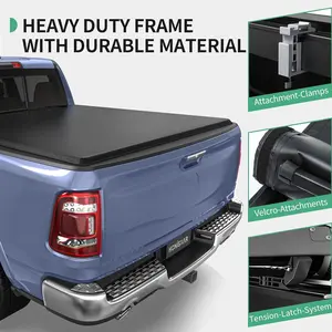 Fleetside 5 Ft Bed Soft Roll-Up Tonneau Cover for Honda Ridgeline 2017-2025 Heavy Duty Frame Attachment Clamps Velcro Attachments Tension Latch System