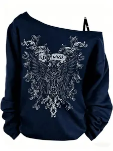 Dark-themed, sexy off-the-shoulder T-shirt with a stay wild distressed wing print. The slim fit and thin straps on one shoulder create a sexy yet edgy look. Perfect for subcultures, Y2K fashion, Top, Streetwear and Casual.