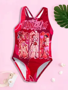 "KPOP Demon Hunters" Girls' One-Piece Swimsuit: Red-pink heart base, trio Valentine tri-panel design with "Huntrix" text, quick-dry & skin-friendly, ideal for pools/beaches, fun summer beach baby gift for kids 4-14