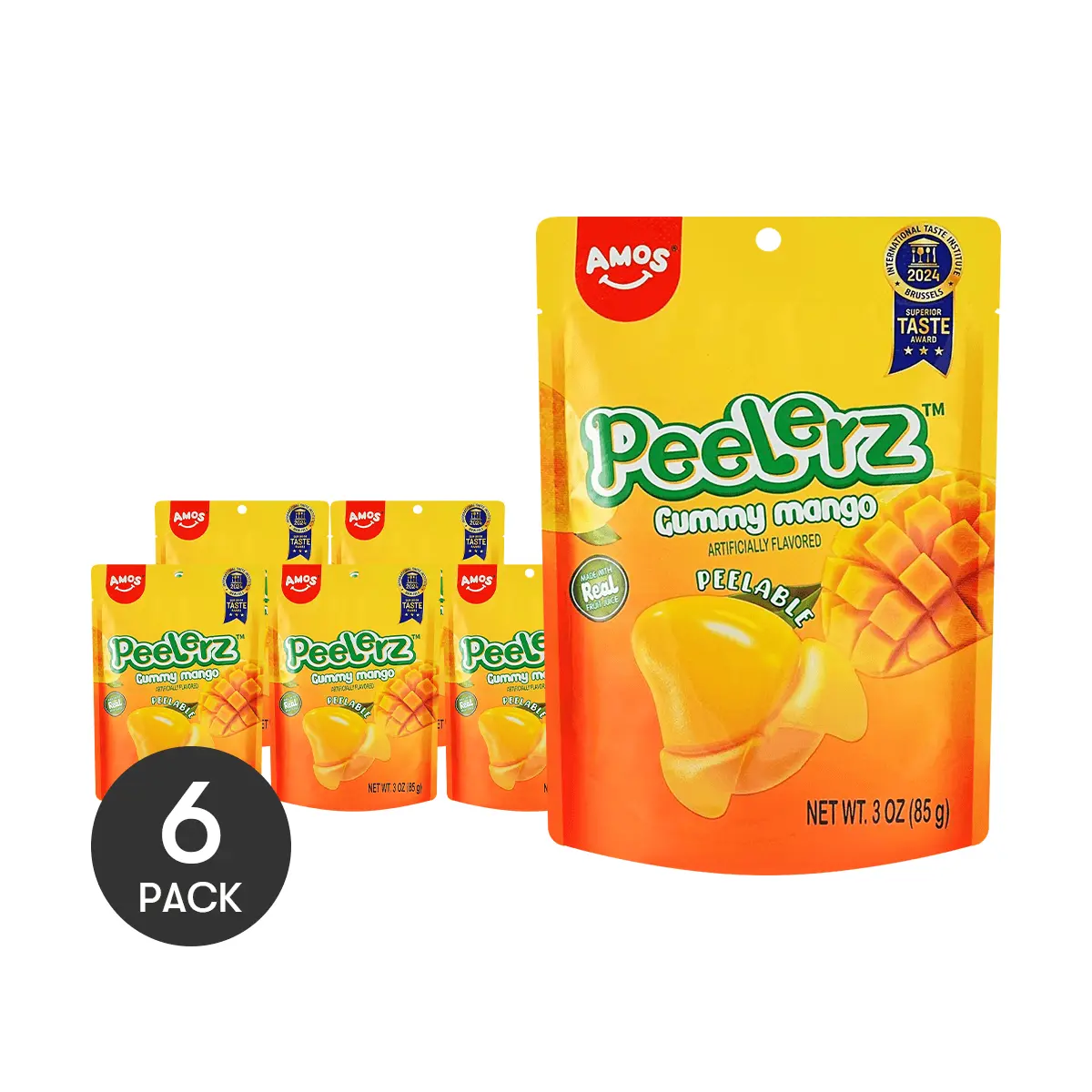 Amos Sweets PEELERZ Mango Flavor Gummy Candy - Fun Fruit Juice Chewy Snacks, 6 Pack (85g Each), International Taste Award Winner