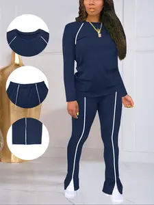 Women's Spring & Fall Round Neck Long Sleeve Pants Set, Sweatsuit Sets, Casual Sportswear Home Wear, Classic Plain Style, Striped Personalized Leisure Look, Sweatsuit Set Outfit, Matching Sweat Set