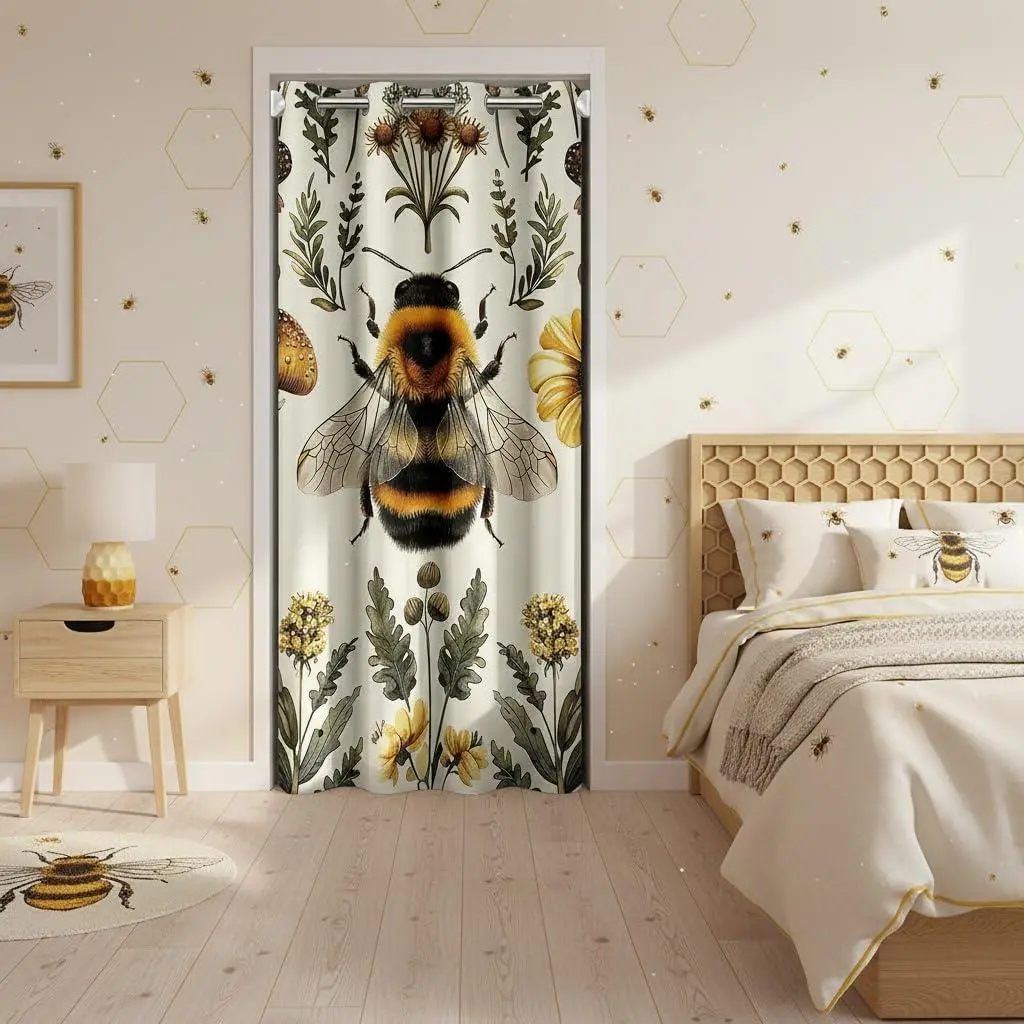 Honeybee Flowers Door Curtain Wild Bee Animal Mushroom Blackout Curtain Doorway Living Room Retro Rustic Privacy Curtains Cover Yellow Black Green Door Drape 1 Panel