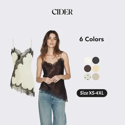 Cider Satin V-neck Floral Lace Lettuce Trim Blouse Casual Cami Sleeveless Top