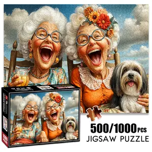 1pc 1000 piece adult puzzle 70x50cm Two Laughing Elderly Women with a Dog and a Glass of Drink 500 pieces paper jigsaw puzzle suitable for DIY creative games for adults and families, birthday and Crafts