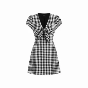 Cider Cotton V-neck Puff Sleeve Twist Knotted Gingham A-line Mini Dress Black Women SwimWeek