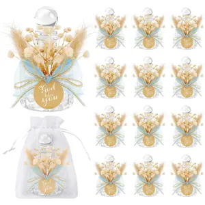 12 Set Holy Water Bottles Catholic Bulk Glass Baptism Favors for Guests Christian Water Container with Floral Organza Bags Bow for Holy Communion Gifts Church Wedding Baptism Decor (Blue, 12)