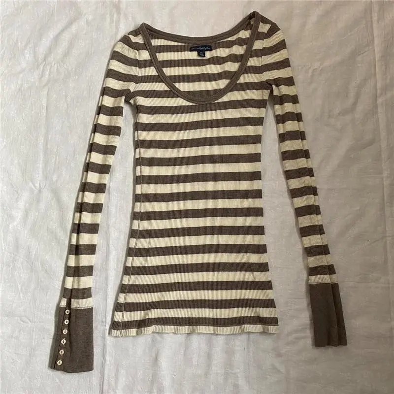 Gothic Punk T-shirt Fashion Stripes Aesthetic Long Sleeve Y2K Harajuku Woman Clothing Emo Tops Slim Pullover Tees Spring Fall