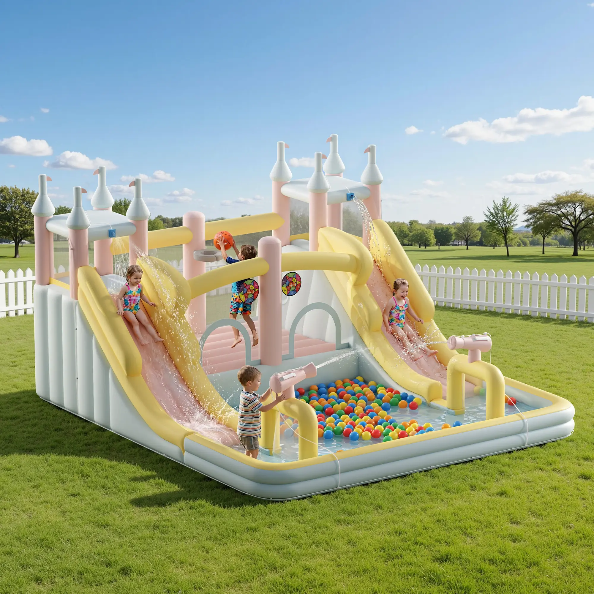 [SummerWins] [SummerFinds] ALBOTT Inflatable Water Slide Bounce House (7 Sizes) - Kids Outdoor Play Jumper with Jumping Area, Climbing Wall, Splash Pool, Water Gun, Air Blower Included for Ages 3-12, Mother's Day Gift