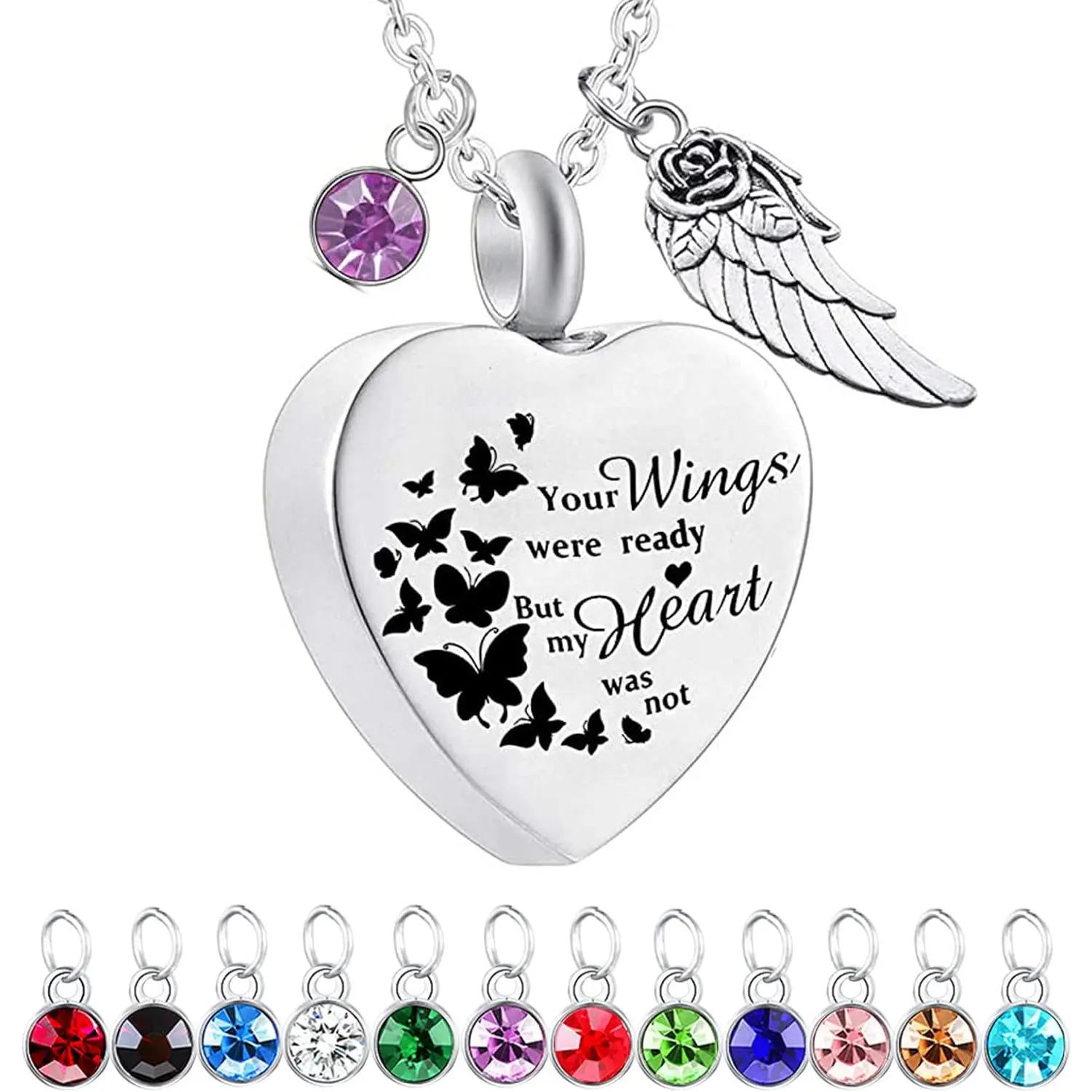 Cremation Urn Necklace with Angel Wing Charm, Birthstone Mix Crystal, Waterproof Seal - Stainless Steel Charms Necklace Memorial Keepsake for Ashes (God Has You in His Arms Design), Neck Chain, Stainless Steel Jewelry, Necklace And Chain, Pendants Necklac
