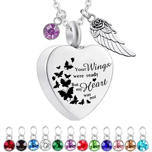 God has You in his arms with Angel Wing Charm Cremation Ashes Jewelry Keepsake Memorial Urn Necklace with Birthstone Crystal