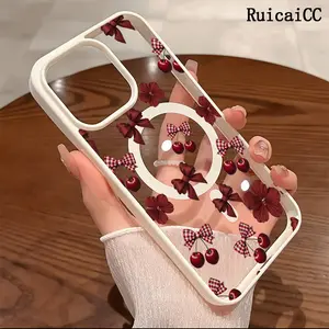 Premium Magnetic Phone Cases for iPhone11/12/13/14/15/16//17/Air/promax/Plus Wine Red Cherry Bow Floral y2k cased MagSafe Ready, Anti-Fall, Springtok and Ultra-Thin Design | Perfect for Everyday Use Screen Protector Resistance