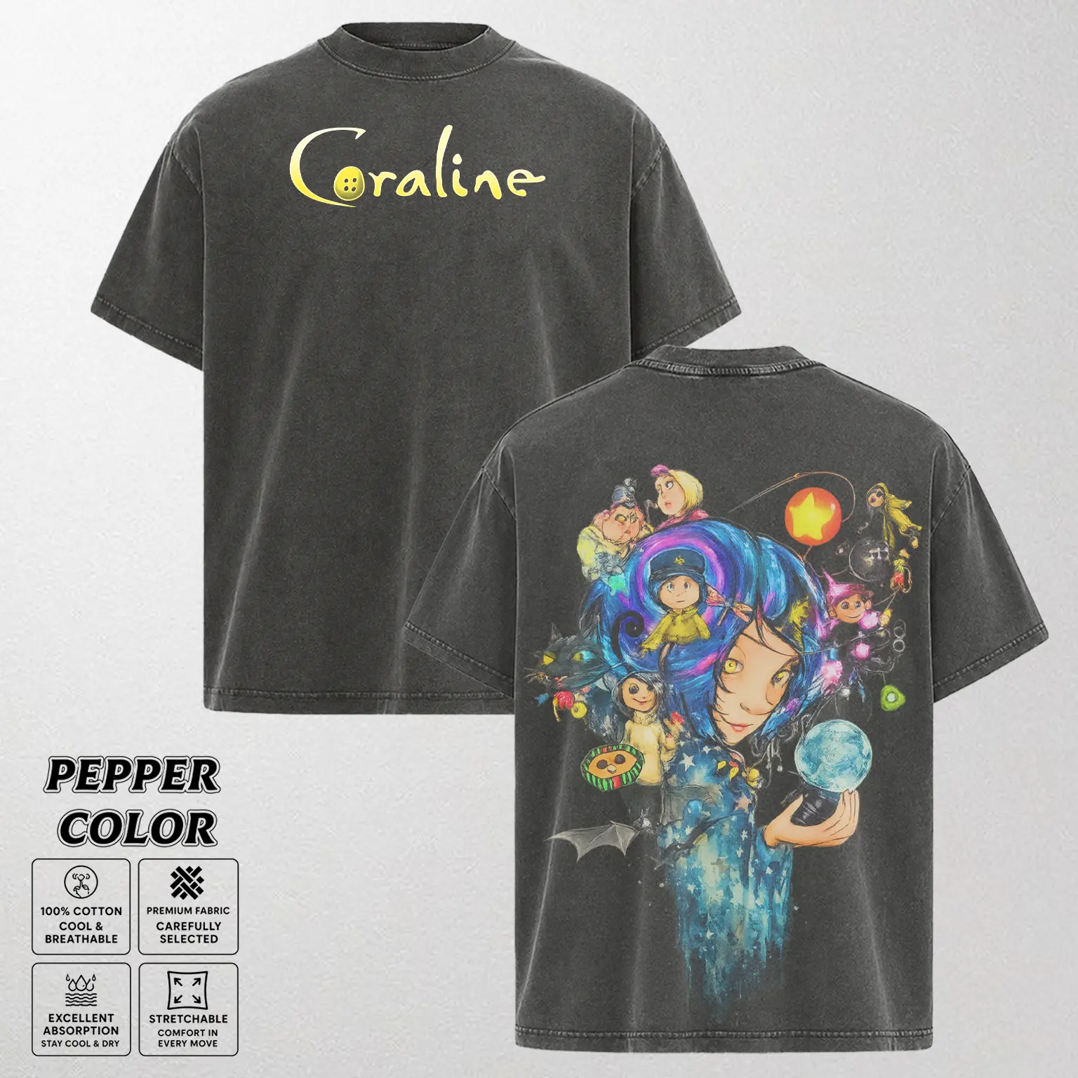 [Collection] 5 design Coraline Cartoon Graphic Oversized Vintage T-Shirt - Retro Animated Movie Fan Tee, Halloween Gift